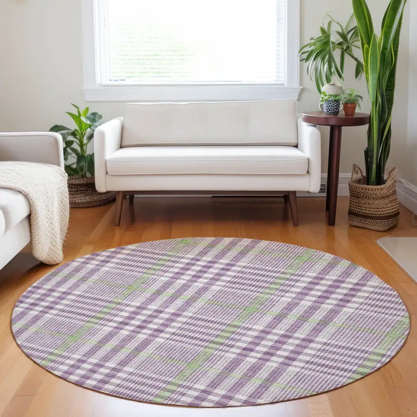8' Purple Green And Ivory Round Plaid Washable Indoor Outdoor Area Rug Photo 8