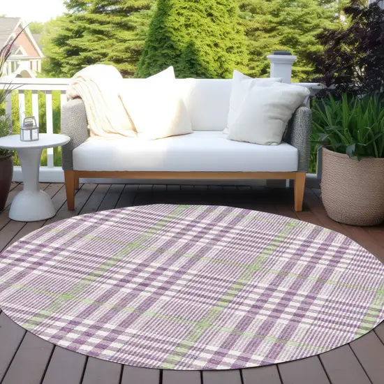 8' Purple Green And Ivory Round Plaid Washable Indoor Outdoor Area Rug Photo 7