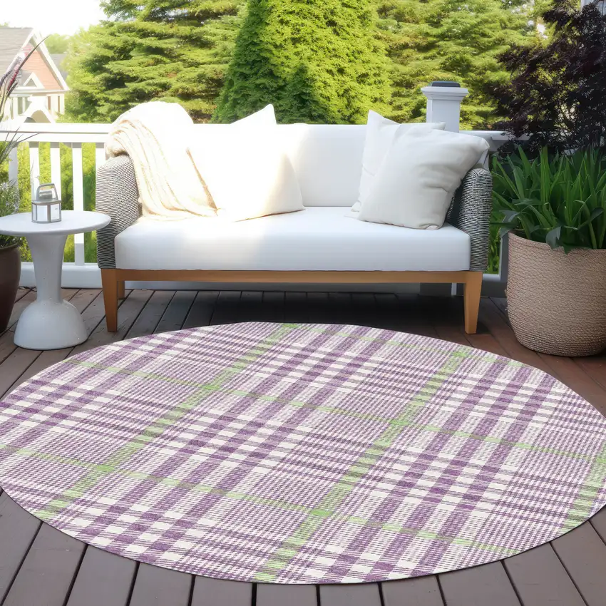8' Purple Green And Ivory Round Plaid Washable Indoor Outdoor Area Rug Photo 7