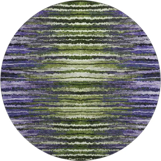 8' Purple Green And Ivory Striped Washable Round Rug With UV Protection Photo 1