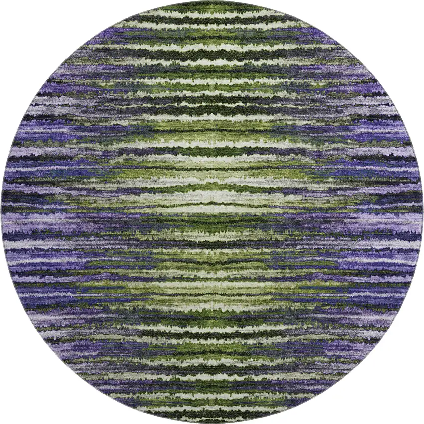 8' Purple Green And Ivory Striped Washable Round Rug With UV Protection Photo 1
