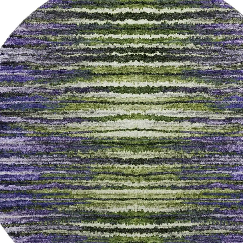 8' Purple Green And Ivory Striped Washable Round Rug With UV Protection Photo 3