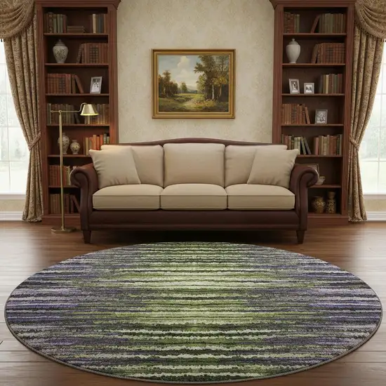 8' Purple Green And Ivory Striped Washable Round Rug With UV Protection Photo 2