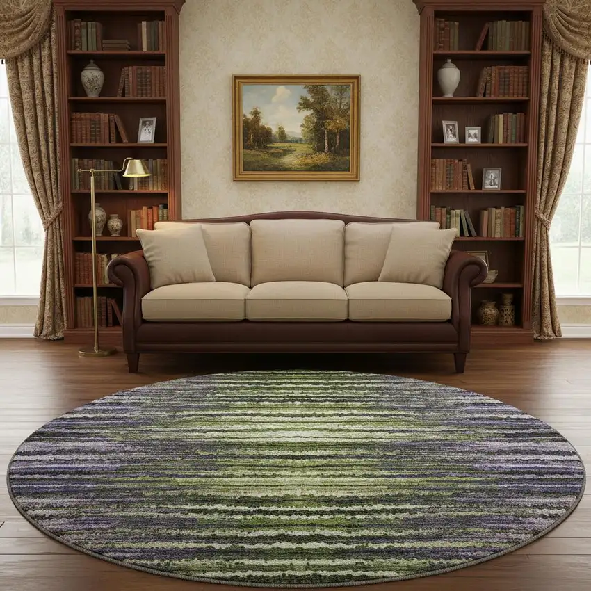 8' Purple Green And Ivory Striped Washable Round Rug With UV Protection Photo 2
