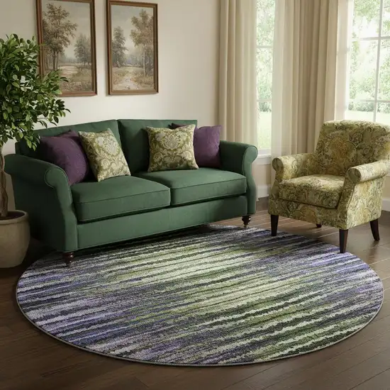 8' Purple Green And Ivory Striped Washable Round Rug With UV Protection Photo 1