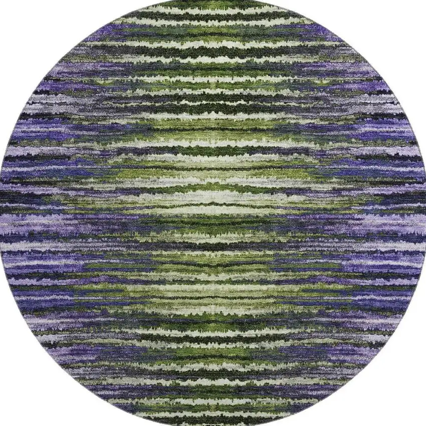 8' Purple Green And Ivory Striped Washable Round Rug With UV Protection Photo 4