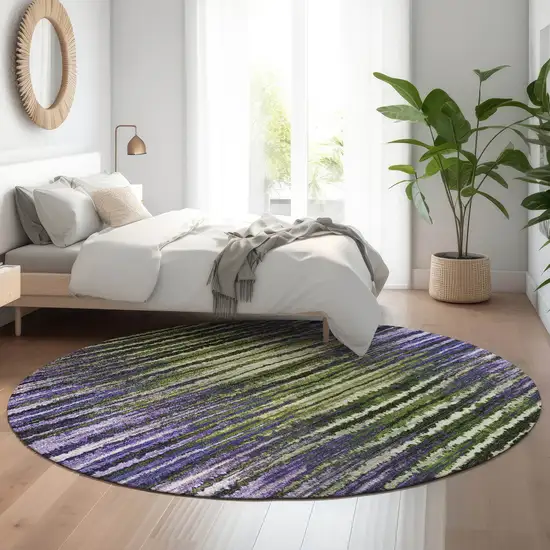 8' Purple Green And Ivory Striped Washable Round Rug With UV Protection Photo 5
