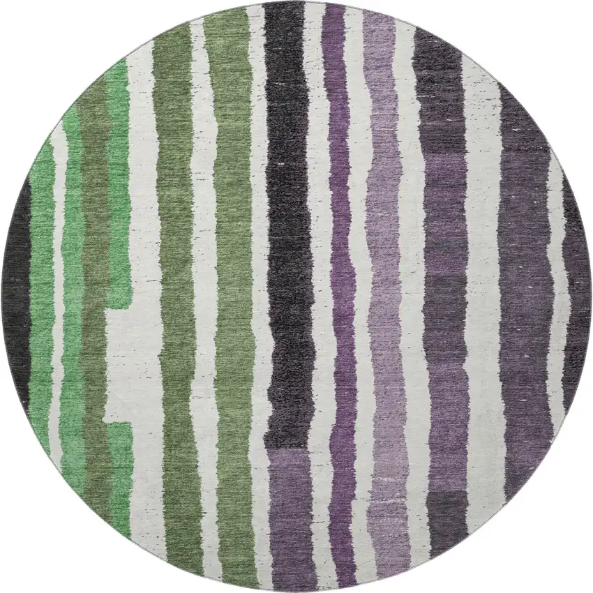 8' Purple Green And Ivory Striped Washable Round Rug With UV Protection Photo 3