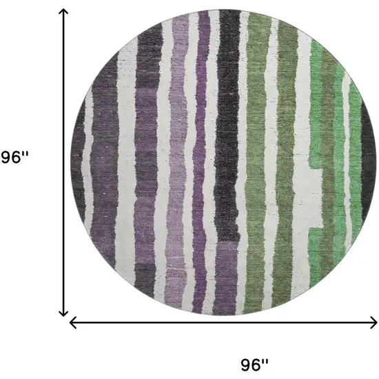 8' Purple Green And Ivory Striped Washable Round Rug With UV Protection Photo 9