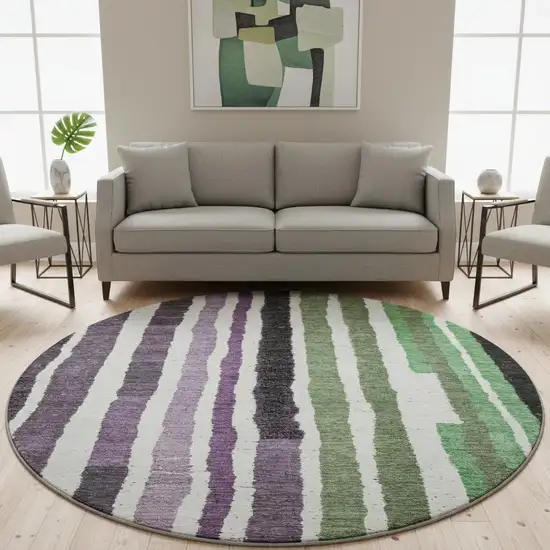 8' Purple Green And Ivory Striped Washable Round Rug With UV Protection Photo 2