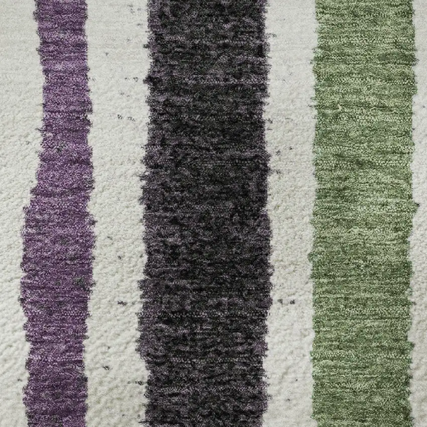 8' Purple Green And Ivory Striped Washable Round Rug With UV Protection Photo 8