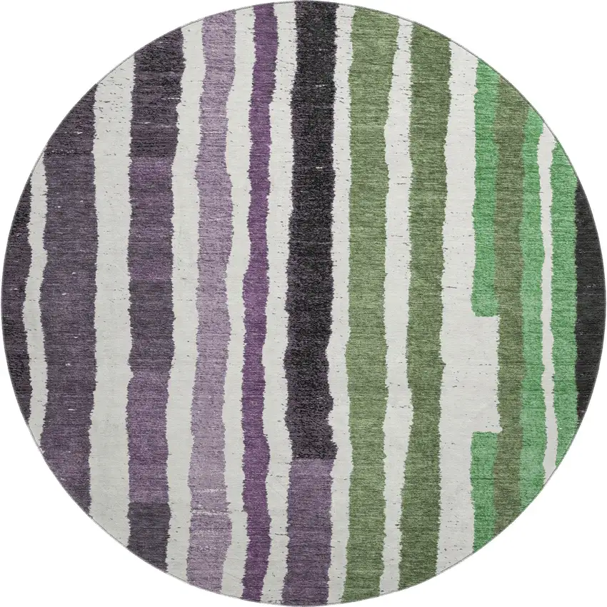 8' Purple Green And Ivory Striped Washable Round Rug With UV Protection Photo 1