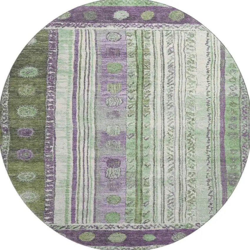 8' Purple Green And Ivory Striped Washable Round Rug With UV Protection Photo 4