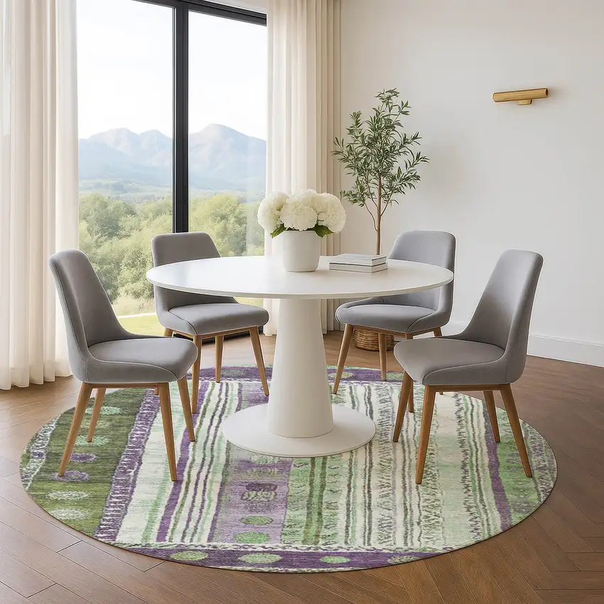 8' Purple Green And Ivory Striped Washable Round Rug With UV Protection Photo 5