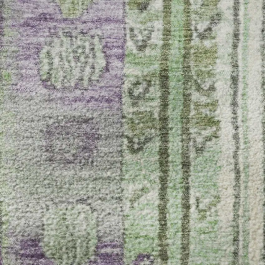 8' Purple Green And Ivory Striped Washable Round Rug With UV Protection Photo 9