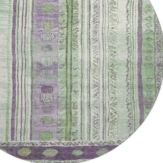 8' Purple Green And Ivory Striped Washable Round Rug With UV Protection Photo 3