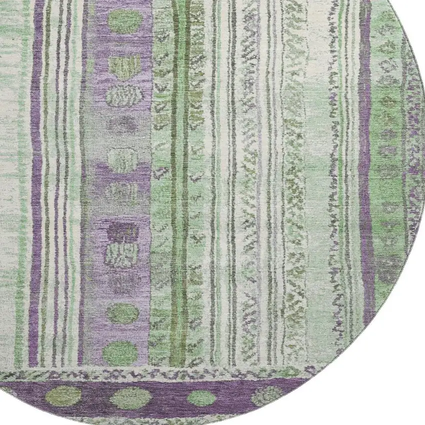 8' Purple Green And Ivory Striped Washable Round Rug With UV Protection Photo 3