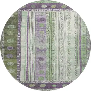 Photo of 8' Purple Green And Ivory Striped Washable Round Rug With UV Protection