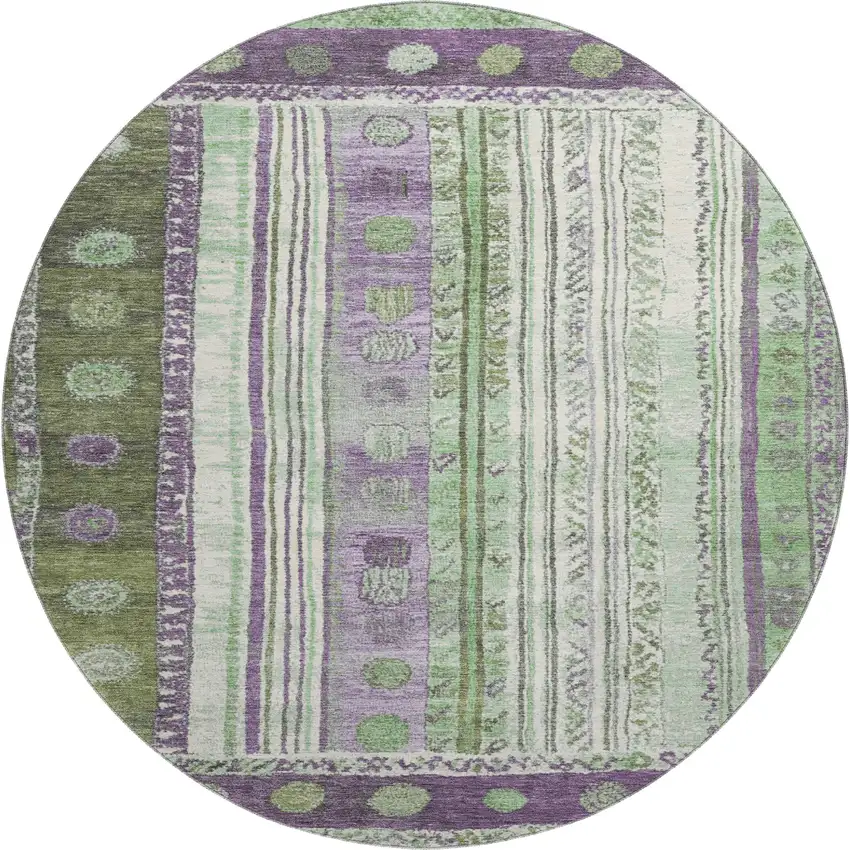 8' Purple Green And Ivory Striped Washable Round Rug With UV Protection Photo 1