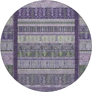 Photo of 8' Purple Green And Lavender Round Striped Washable Indoor Outdoor Area Rug