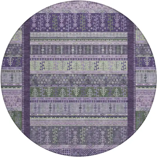 8' Purple Green And Lavender Round Striped Washable Indoor Outdoor Area Rug Photo 1
