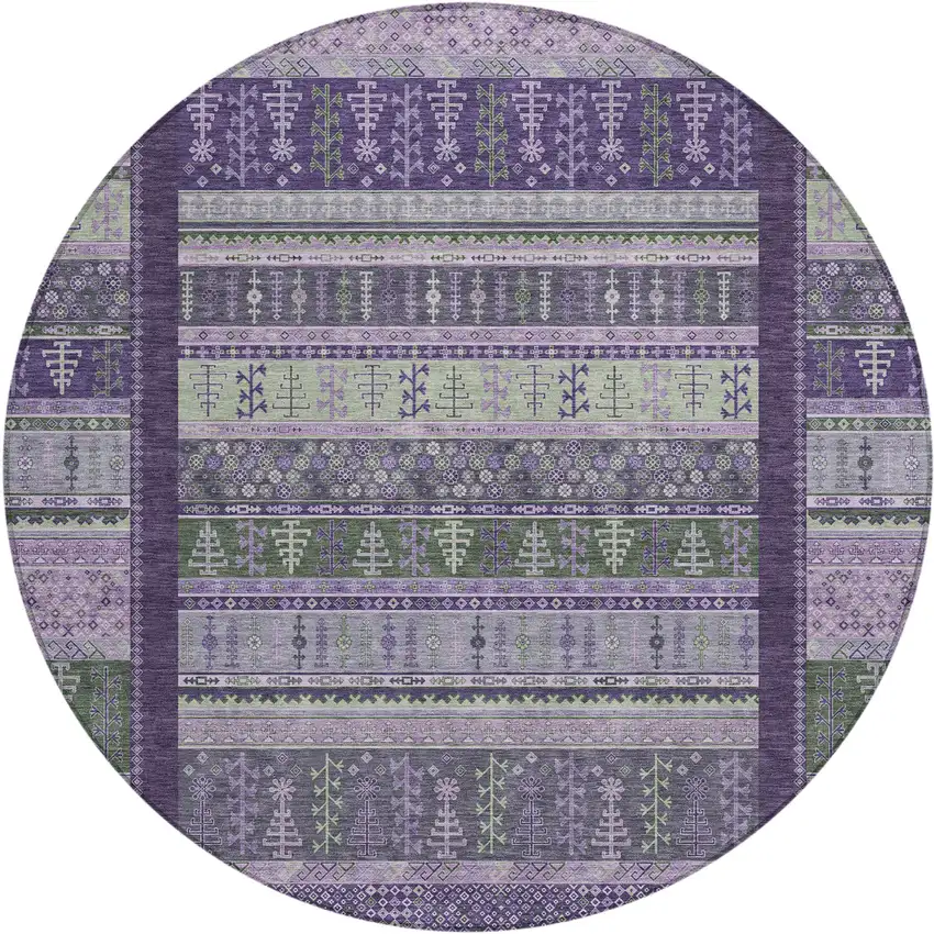 8' Purple Green And Lavender Round Striped Washable Indoor Outdoor Area Rug Photo 1