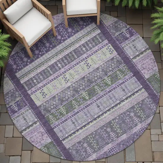 8' Purple Green And Lavender Round Striped Washable Indoor Outdoor Area Rug Photo 8