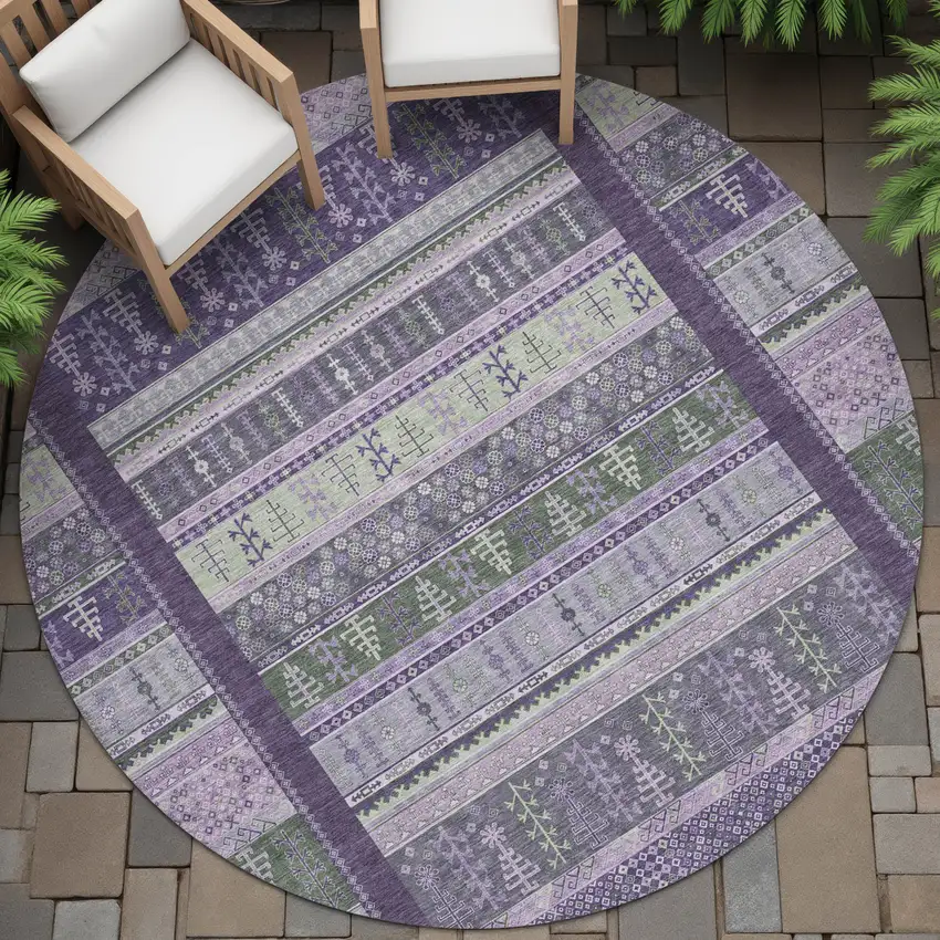 8' Purple Green And Lavender Round Striped Washable Indoor Outdoor Area Rug Photo 8