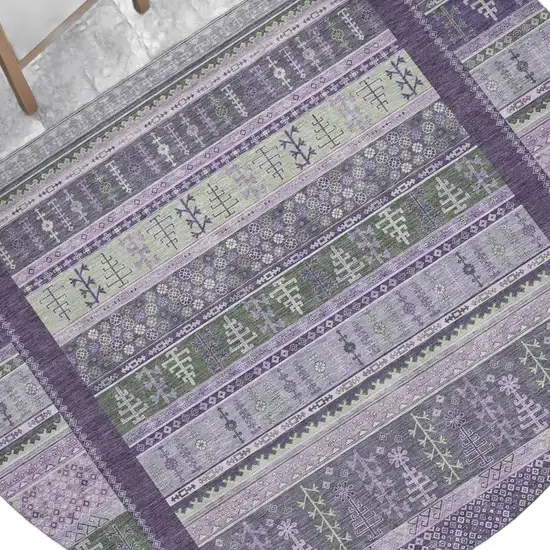 8' Purple Green And Lavender Round Striped Washable Indoor Outdoor Area Rug Photo 7
