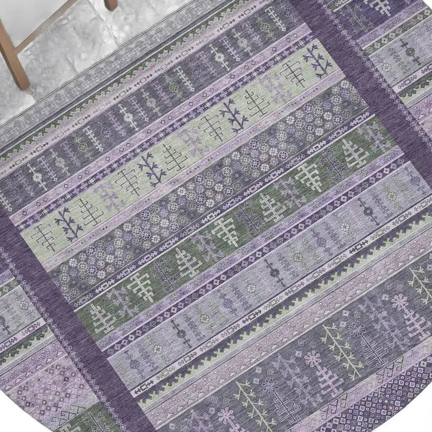 8' Purple Green And Lavender Round Striped Washable Indoor Outdoor Area Rug Photo 7