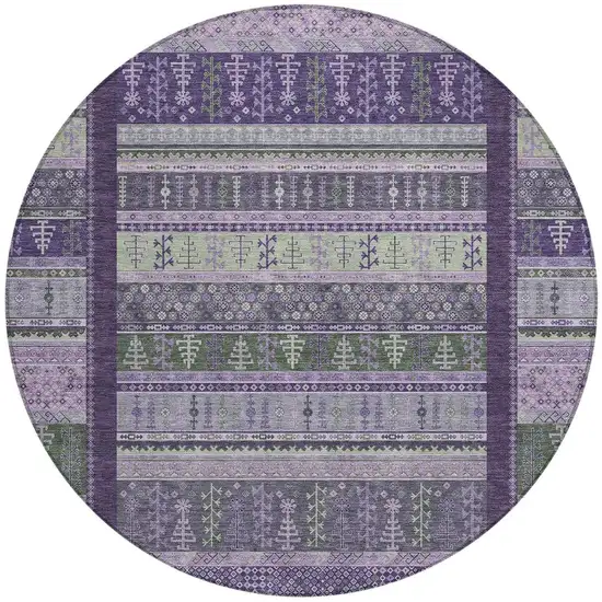8' Purple Green And Lavender Round Striped Washable Indoor Outdoor Area Rug Photo 4
