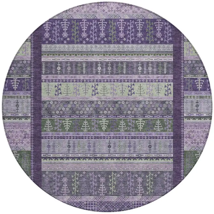 8' Purple Green And Lavender Round Striped Washable Indoor Outdoor Area Rug Photo 4