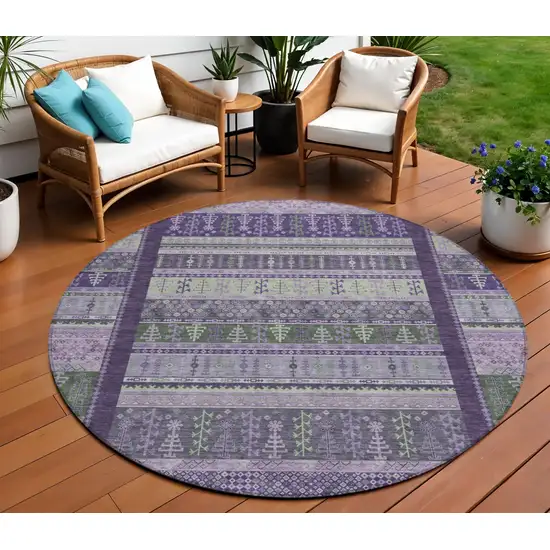 8' Purple Green And Lavender Round Striped Washable Indoor Outdoor Area Rug Photo 2