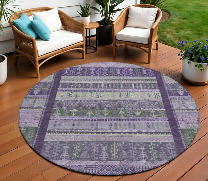 8' Purple Green And Lavender Round Striped Washable Indoor Outdoor Area Rug Photo 2