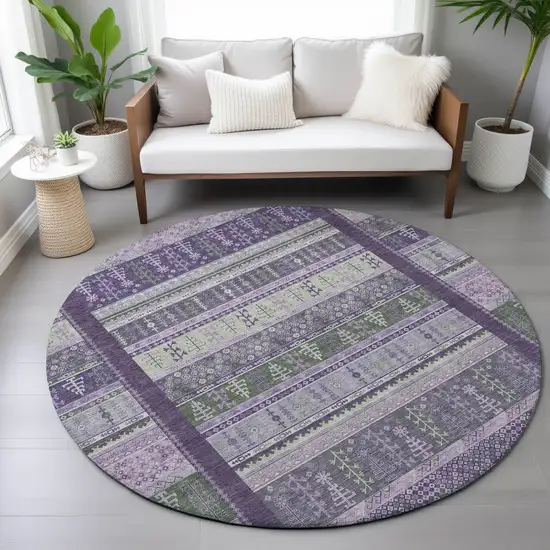 8' Purple Green And Lavender Round Striped Washable Indoor Outdoor Area Rug Photo 9