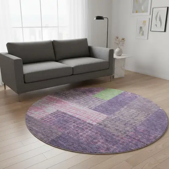 8' Purple Green And Pink Geometric Washable Round Rug With UV Protection Photo 2