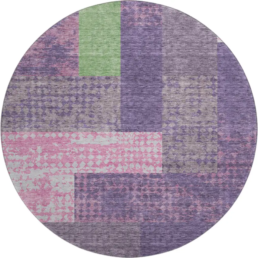 8' Purple Green And Pink Geometric Washable Round Rug With UV Protection Photo 1
