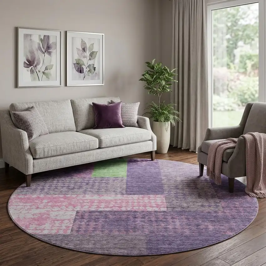 8' Purple Green And Pink Geometric Washable Round Rug With UV Protection Photo 1