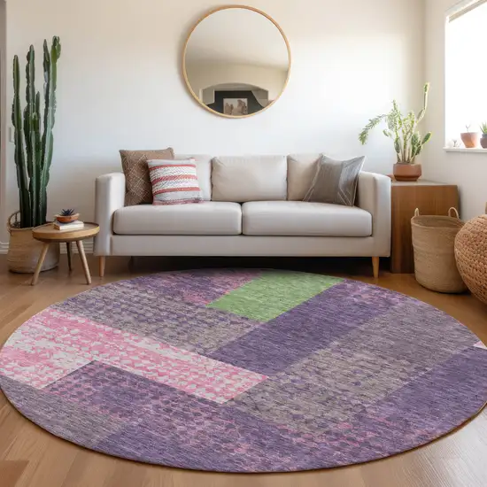 8' Purple Green And Pink Geometric Washable Round Rug With UV Protection Photo 4