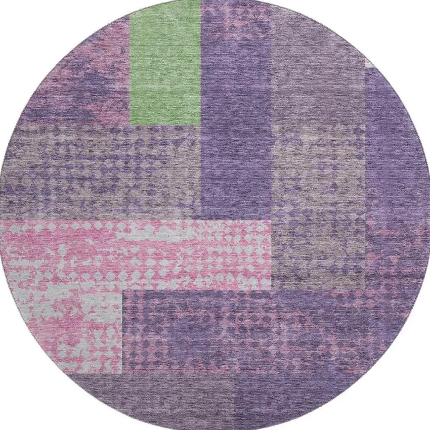 8' Purple Green And Pink Geometric Washable Round Rug With UV Protection Photo 3