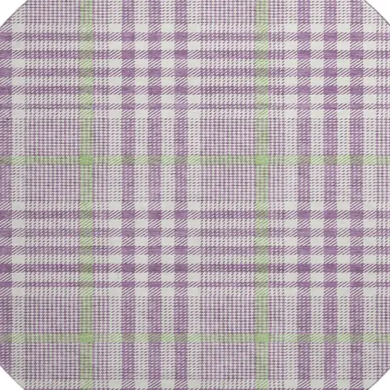 8' Purple Ivory And Artichoke Green Plaid Washable Round Rug With UV Protection Photo 2