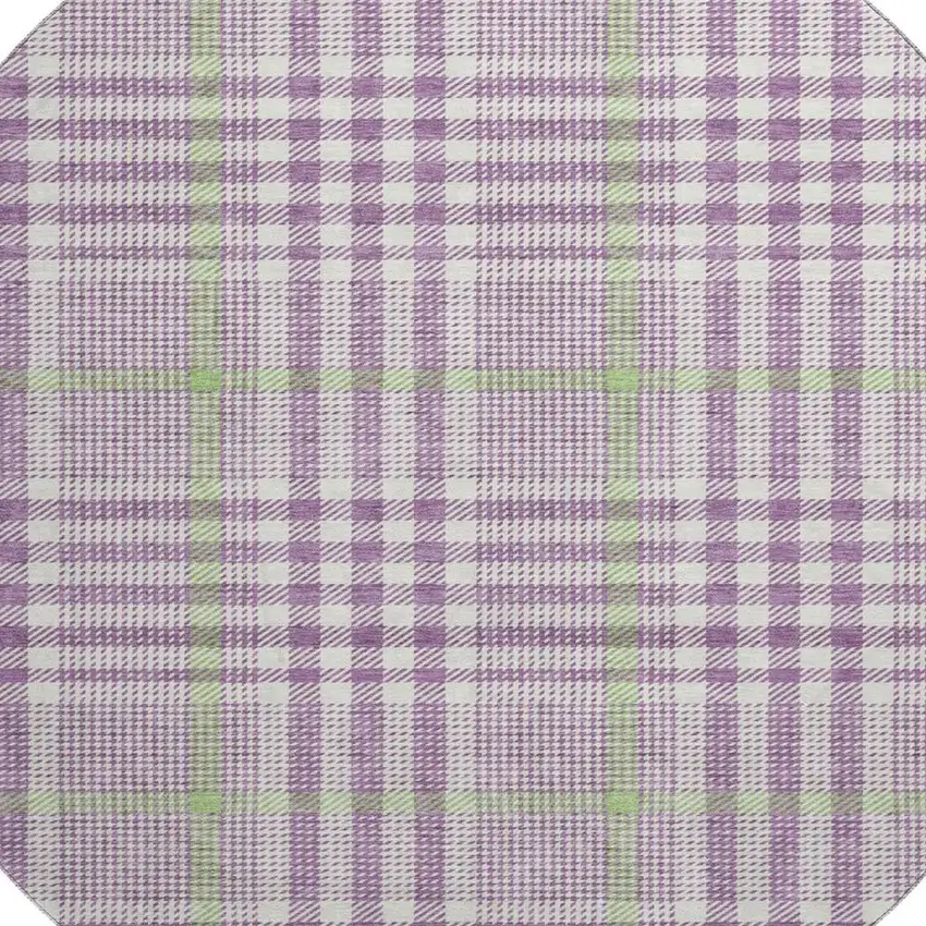 8' Purple Ivory And Artichoke Green Plaid Washable Round Rug With UV Protection Photo 2