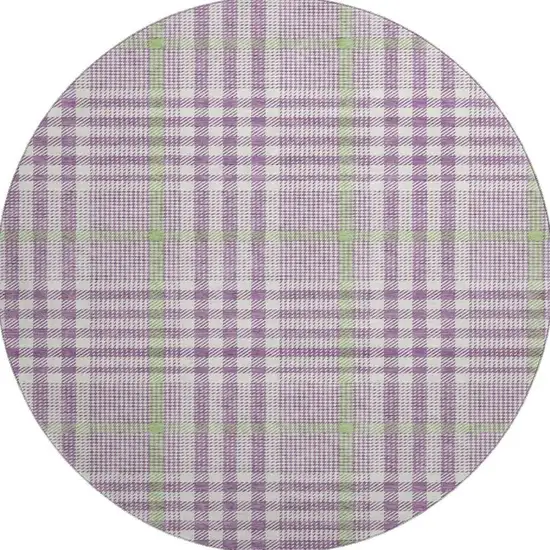 8' Purple Ivory And Artichoke Green Plaid Washable Round Rug With UV Protection Photo 3