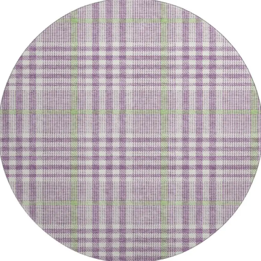 8' Purple Ivory And Artichoke Green Plaid Washable Round Rug With UV Protection Photo 3