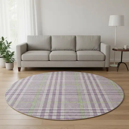 8' Purple Ivory And Artichoke Green Plaid Washable Round Rug With UV Protection Photo 2