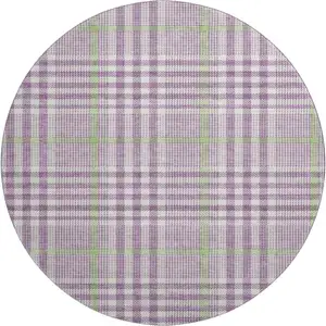 Photo of 8' Purple Ivory And Artichoke Green Plaid Washable Round Rug With UV Protection