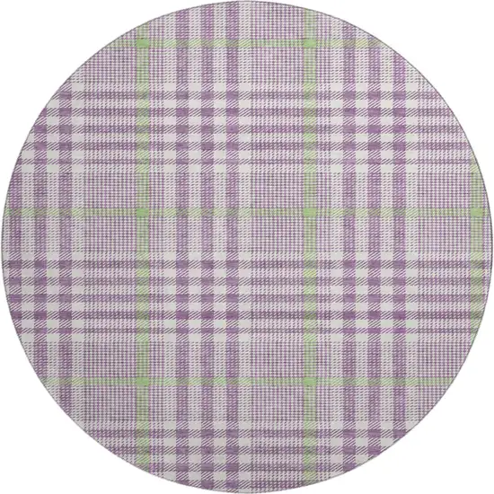 8' Purple Ivory And Artichoke Green Plaid Washable Round Rug With UV Protection Photo 1