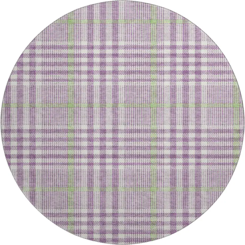 8' Purple Ivory And Artichoke Green Plaid Washable Round Rug With UV Protection Photo 1