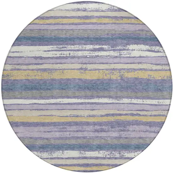8' Purple Ivory And Beige Round Striped Washable Indoor Outdoor Area Rug Photo 2