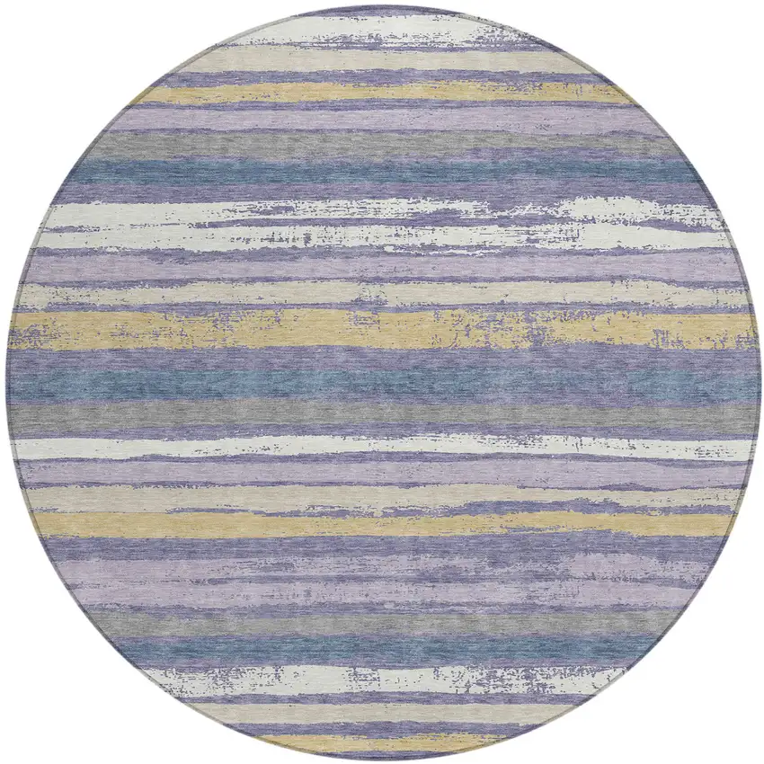 8' Purple Ivory And Beige Round Striped Washable Indoor Outdoor Area Rug Photo 2